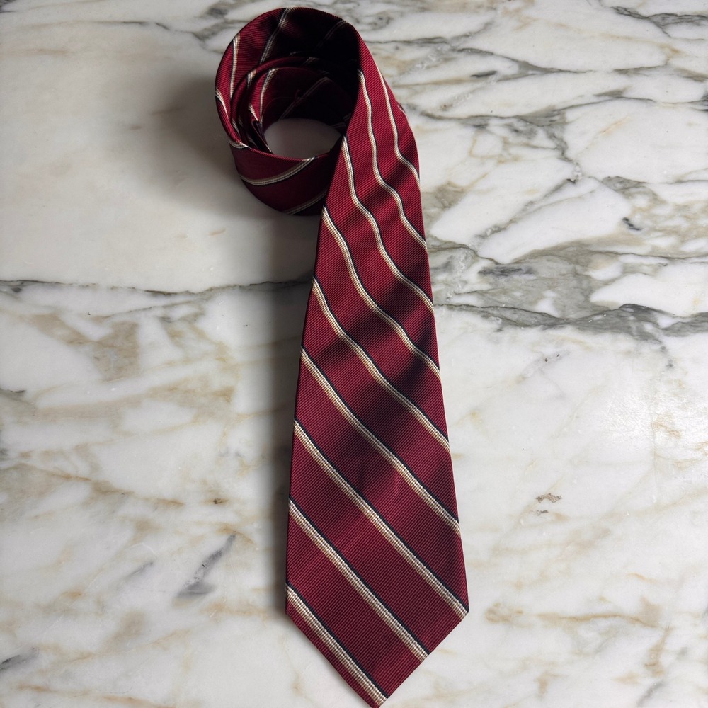 Barneys New York Necktie Mens OS Burgundy REPP Gold Striped Silk England